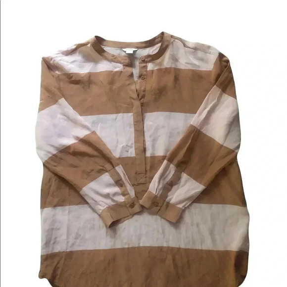Fossil neutral striped Crew Neck silk blouse Fall Blouse classic preppy timeless - Picture 4 of 12